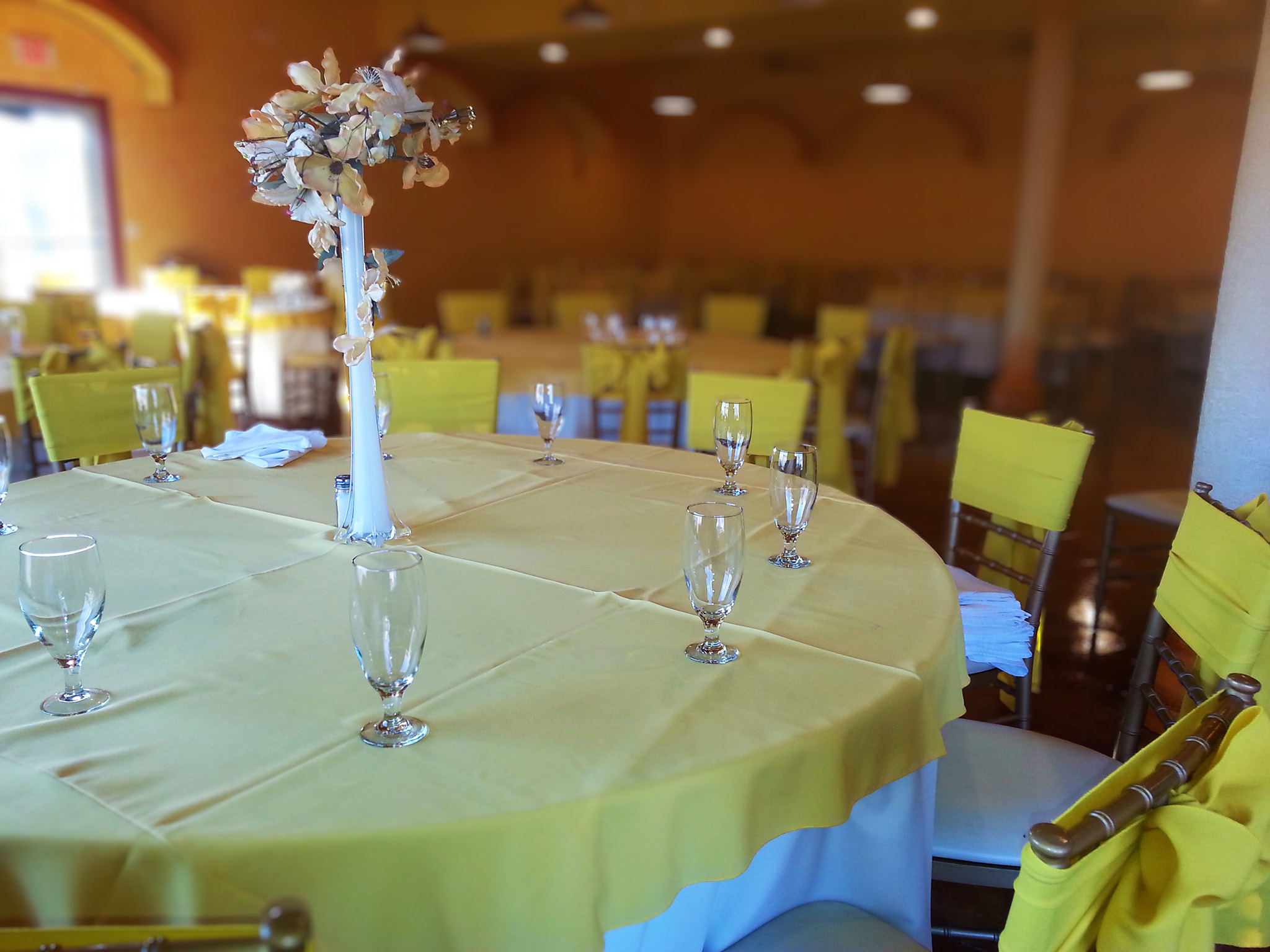 Several yellow tables